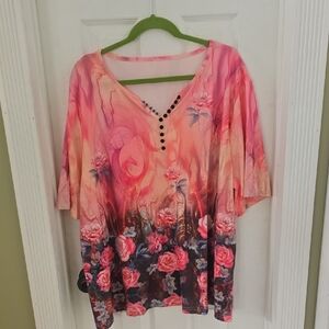 Floral Pink Rose Short Sleeve  Women's Top 4XL NWOT